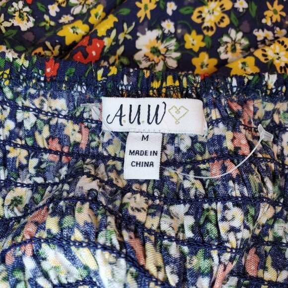 NWT AUW Womens Dress Size M Floral Blue Smocked Puff Sleeve Cottage Ballet Mini - Picture 5 of 14